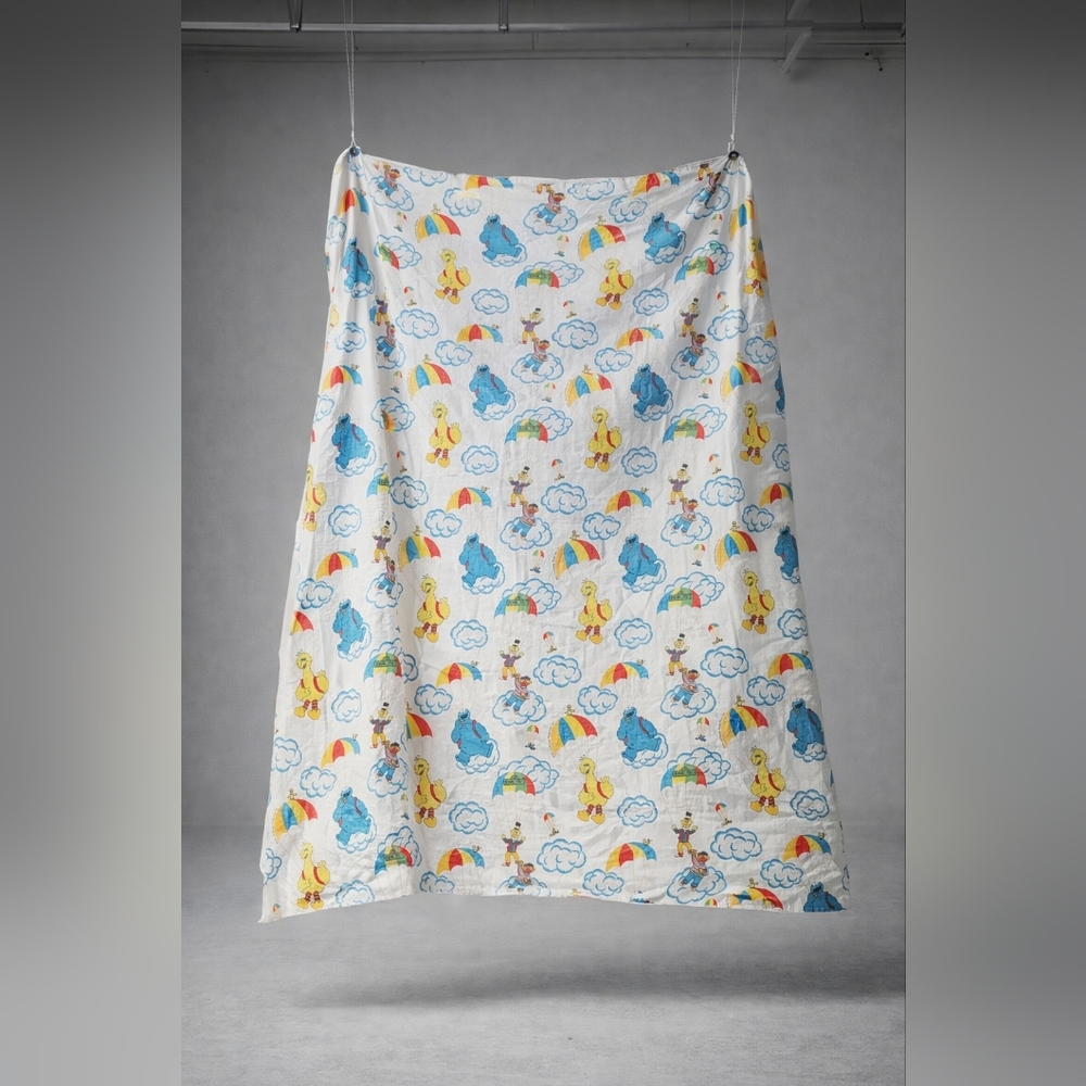Vintage Sesame Street Flat Bed Sheet • Big Bird Cookie Monster Bert Ernie
